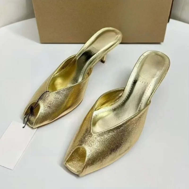 Peep Toe Heels - أحذية نسائية فاخرة ذهبية اللون، صنادل